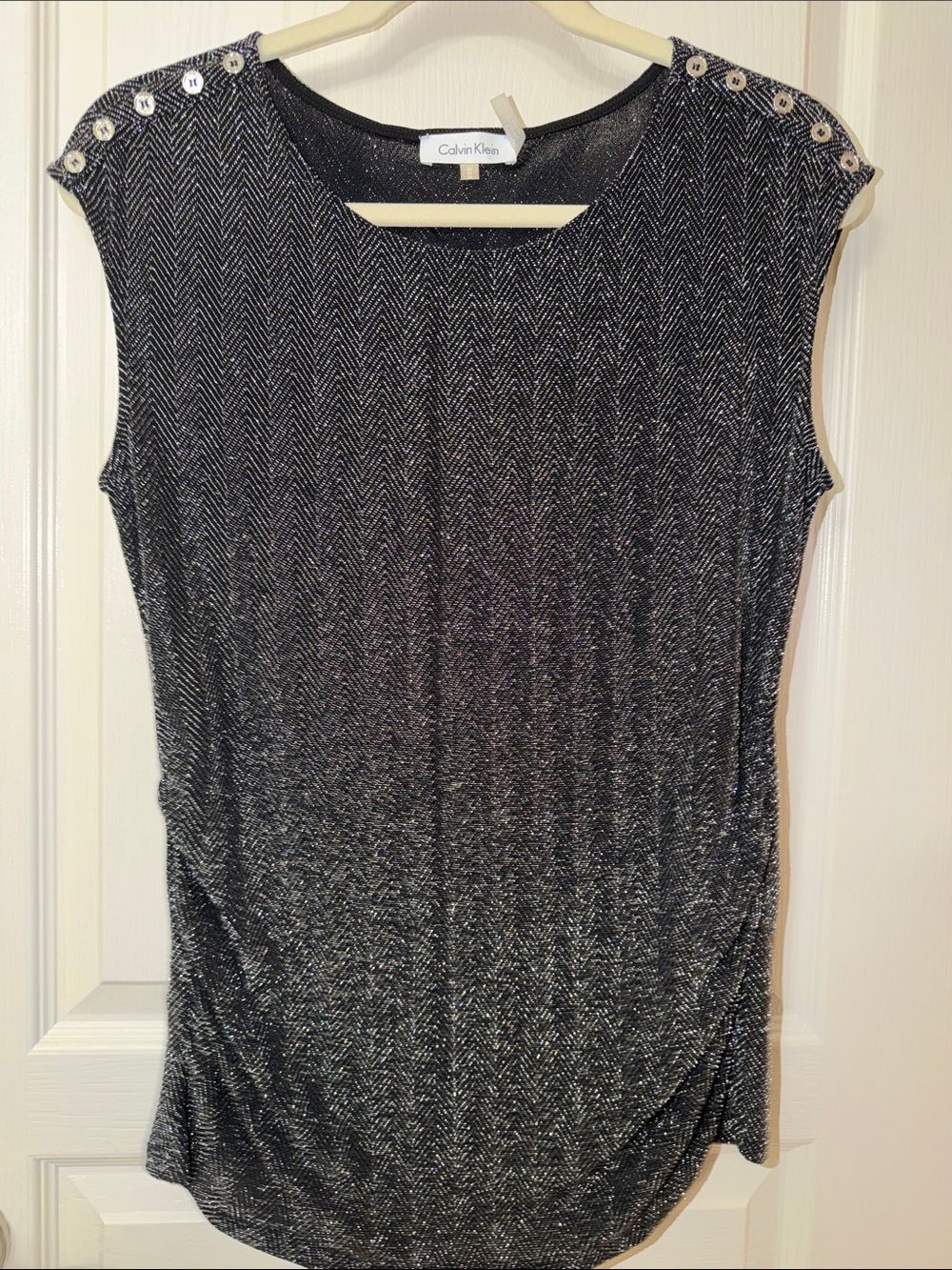 Calvin Klein Black Silver Metallic Cap-Sleeve Knit Tank